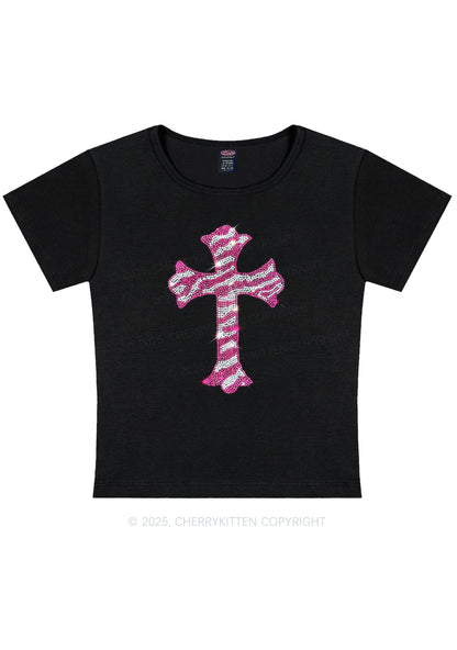 Rhinestone Pink Cross Y2K Baby Tee Cherrykitten