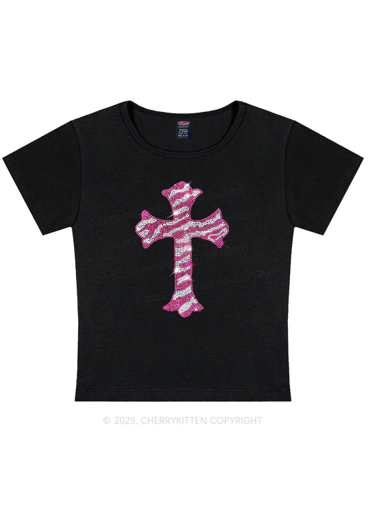 Rhinestone Pink Cross Y2K Baby Tee Cherrykitten