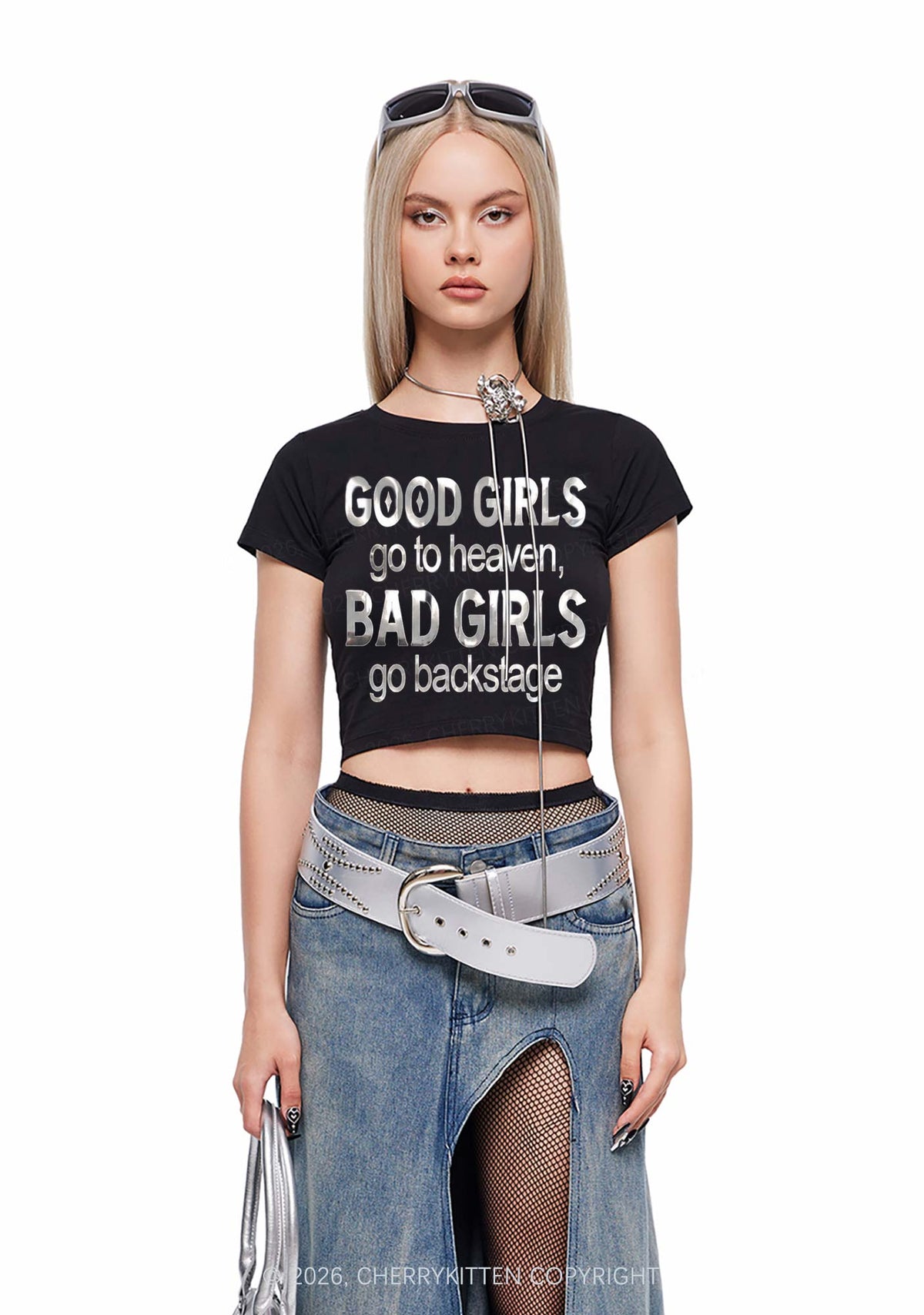 Bad Girls Go Backstage Silver Foil Printed Y2K Baby Tee Cherrykitten