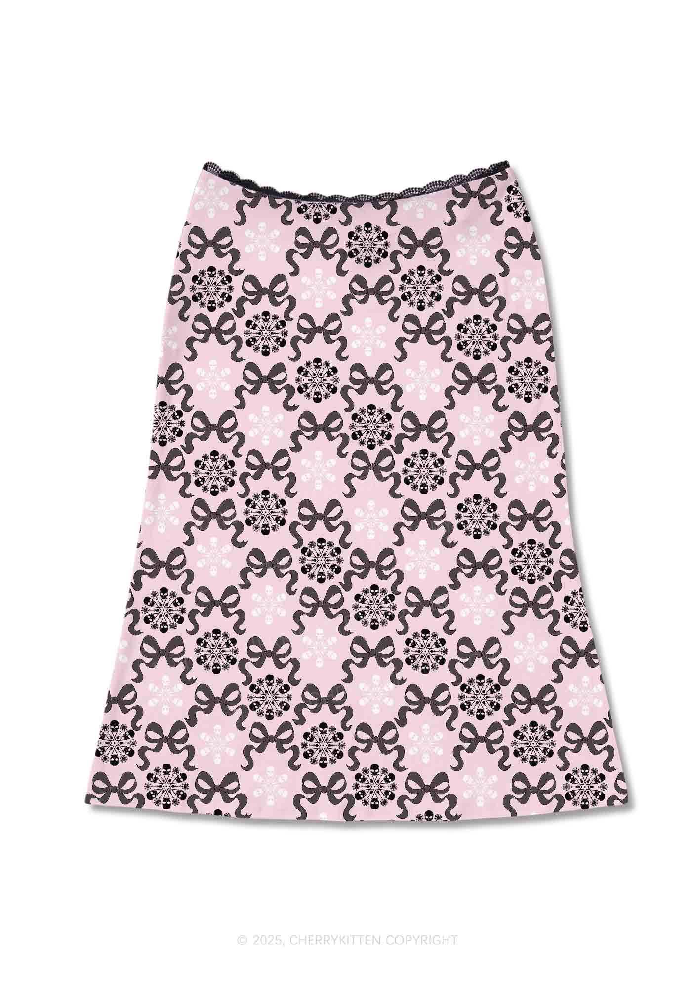 Christmas Bow Skull Snowflakes Y2K Print Midi Skirt Cherrykitten