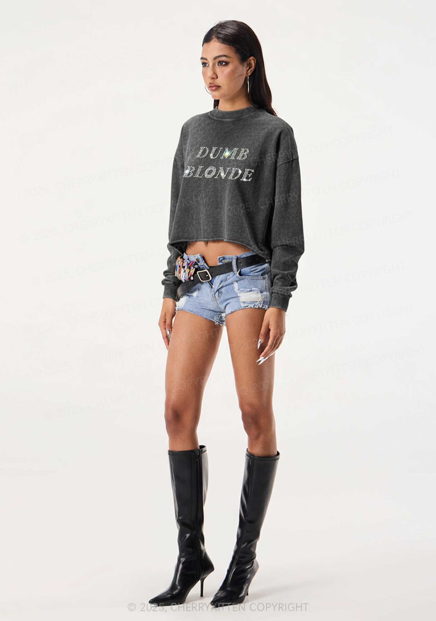 Rhinestone Dumb Blonde Y2K Crop Washed Sweatshirts Cherrykitten
