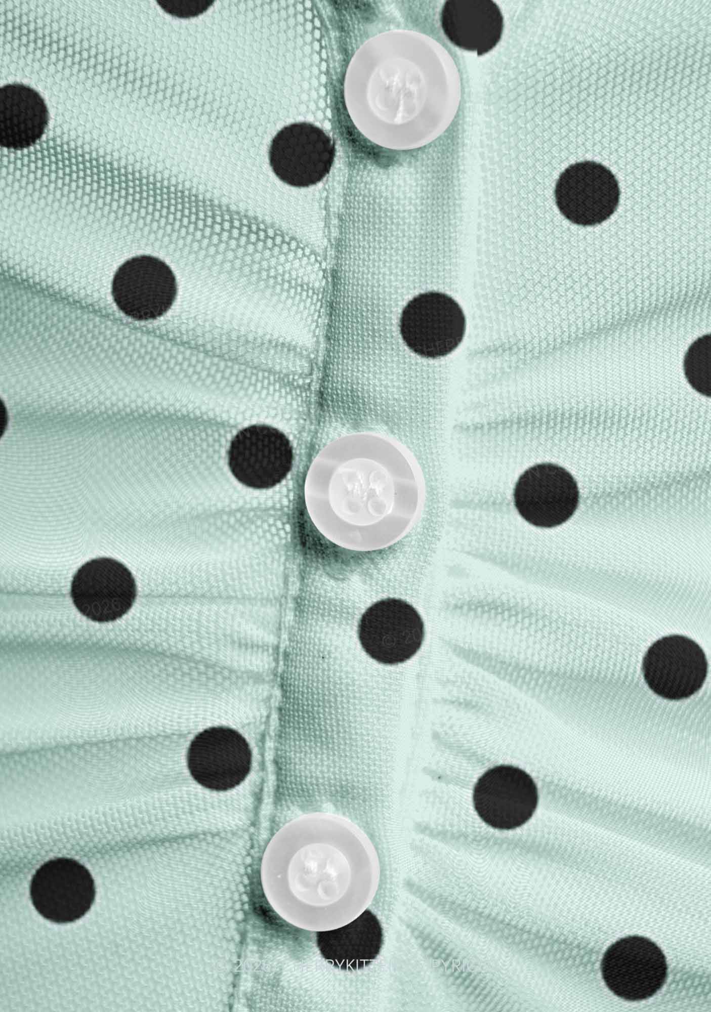 Black Dots On Mint Green Y2K Mesh Ruched  Waist  V Neck Top Cherrykitten