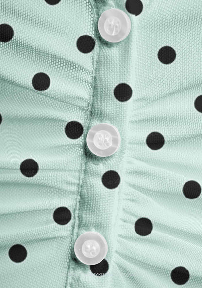 Black Dots On Mint Green Y2K Mesh Ruched  Waist  V Neck Top Cherrykitten