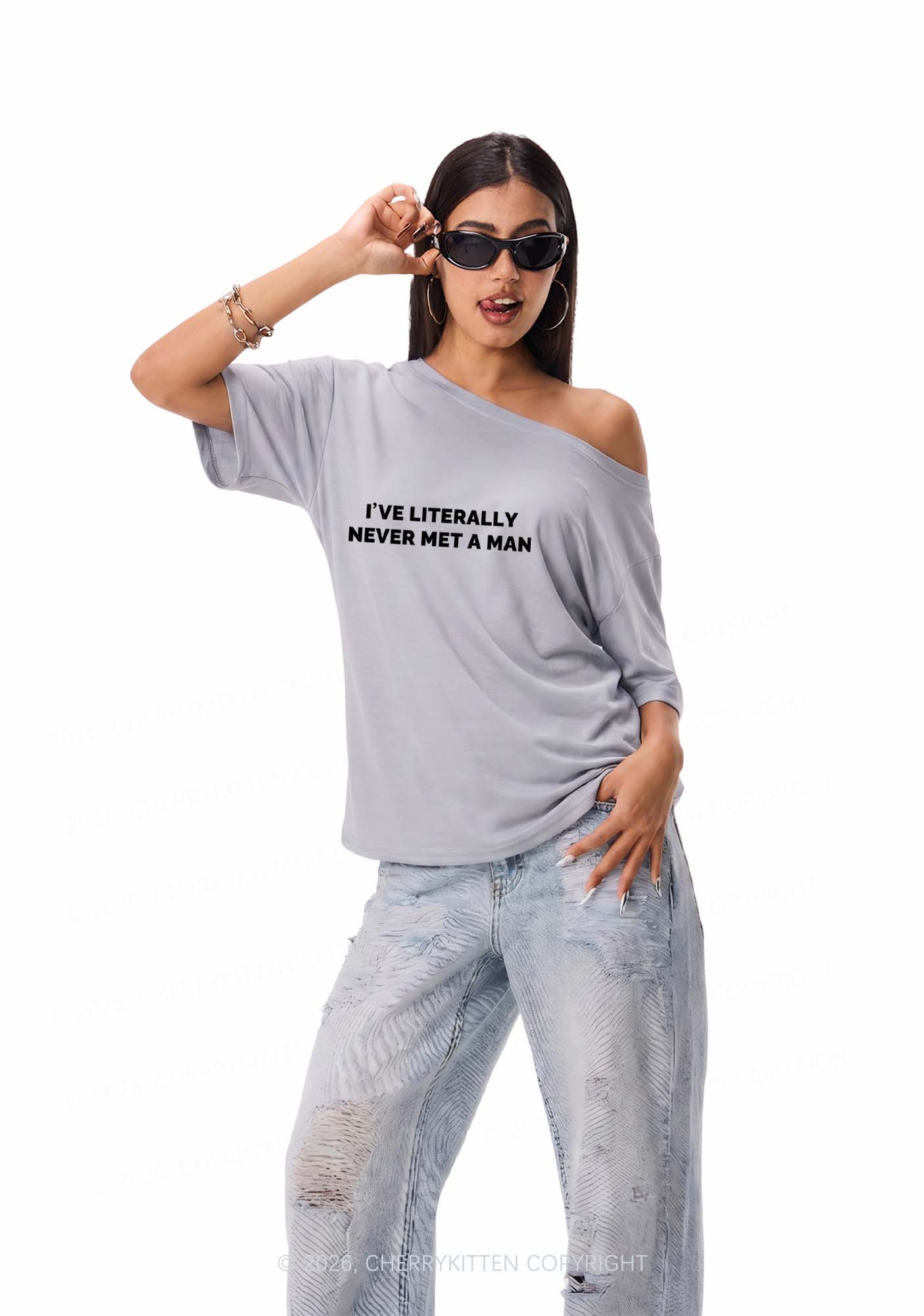 Never Met A Man Pride Y2K Off Shoulder Tee Cherrykitten