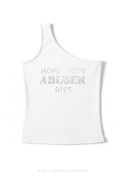 Rhinestone Abuser Dies Y2K One Shoulder Tank Top Cherrykitten