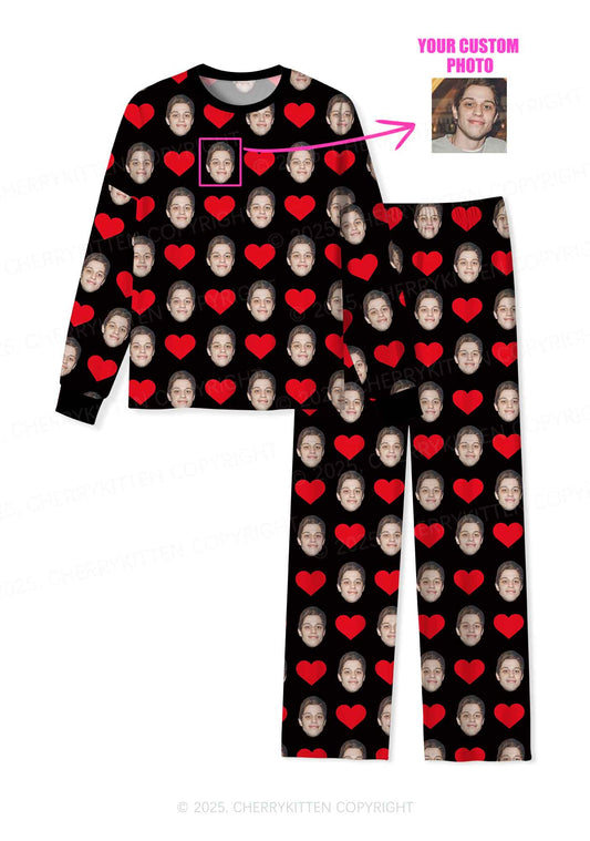 Custom Black Hearts Photo Y2K Valentine's Day Y2K Print Long Sleeve Pajama Set Cherrykitten