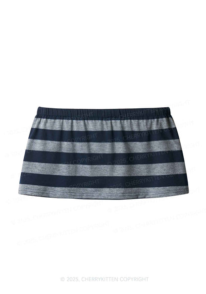 Plain Y2K Navy Grey Striped Mini Skirt Cherrykitten