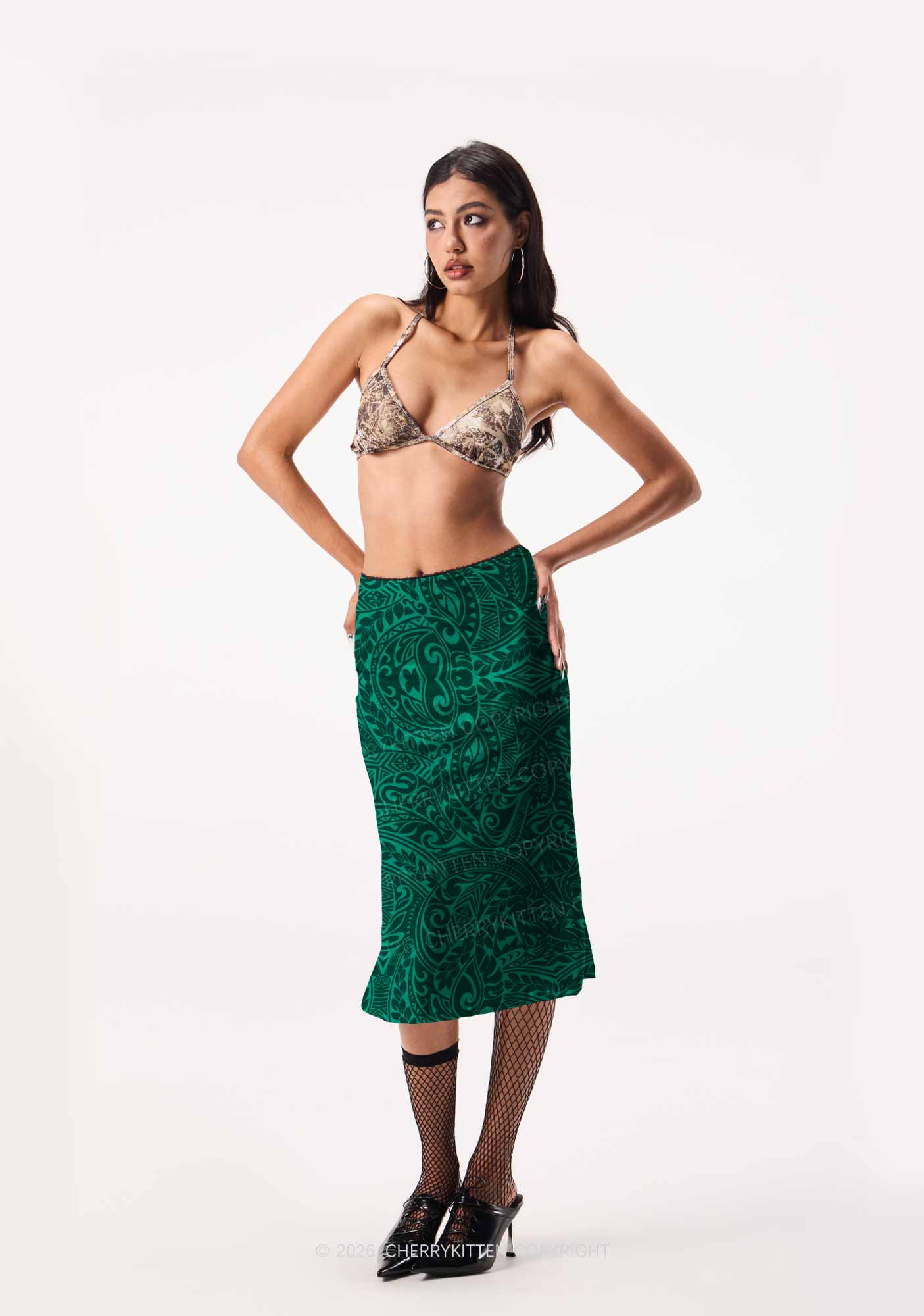 Green Swirl Leaf Y2K Print Midi Skirt Cherrykitten