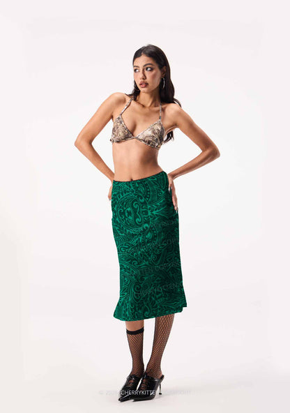 Green Swirl Leaf Y2K Print Midi Skirt Cherrykitten