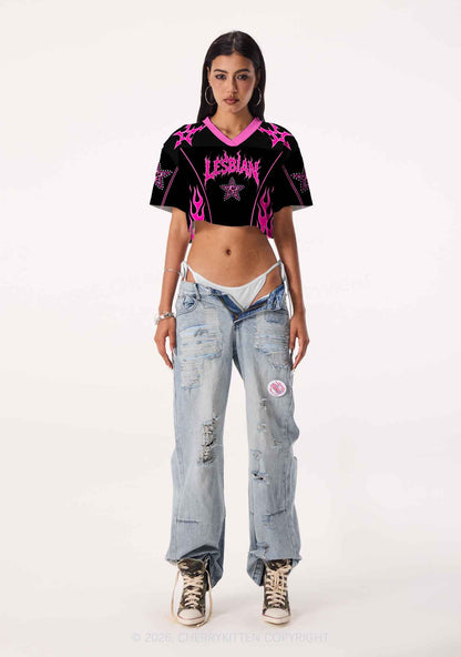 Hot Pink Flame Lesbian Pride Y2K Crop Sport Jersey Shirts Cherrykitten