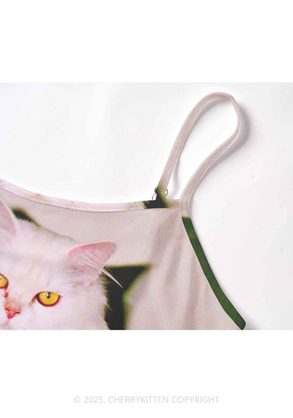 Pink Bow Cat Y2K Mesh Cami Tank Cherrykitten
