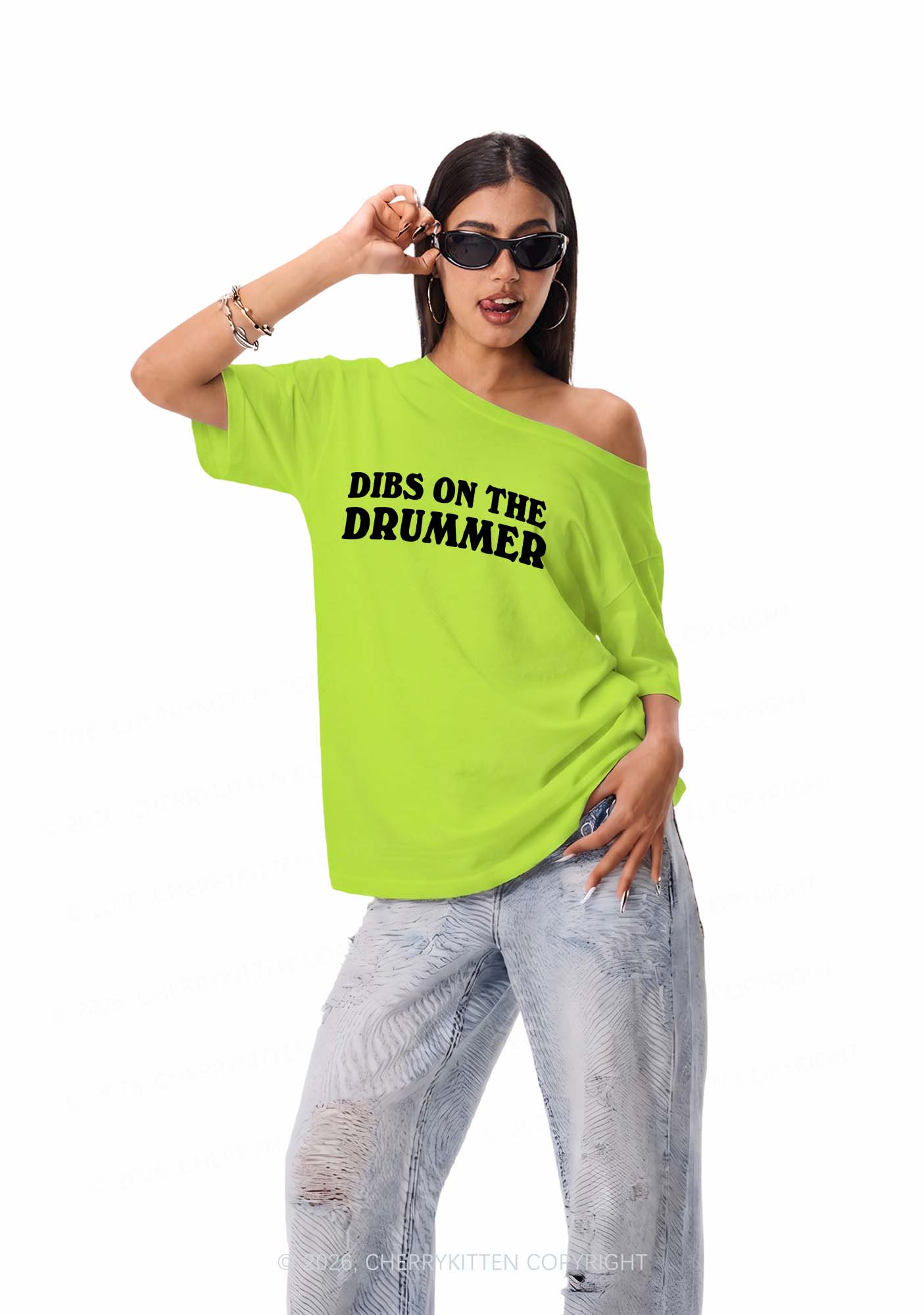 Dibs On The Drummer Y2K Off Shoulder Tee Cherrykitten