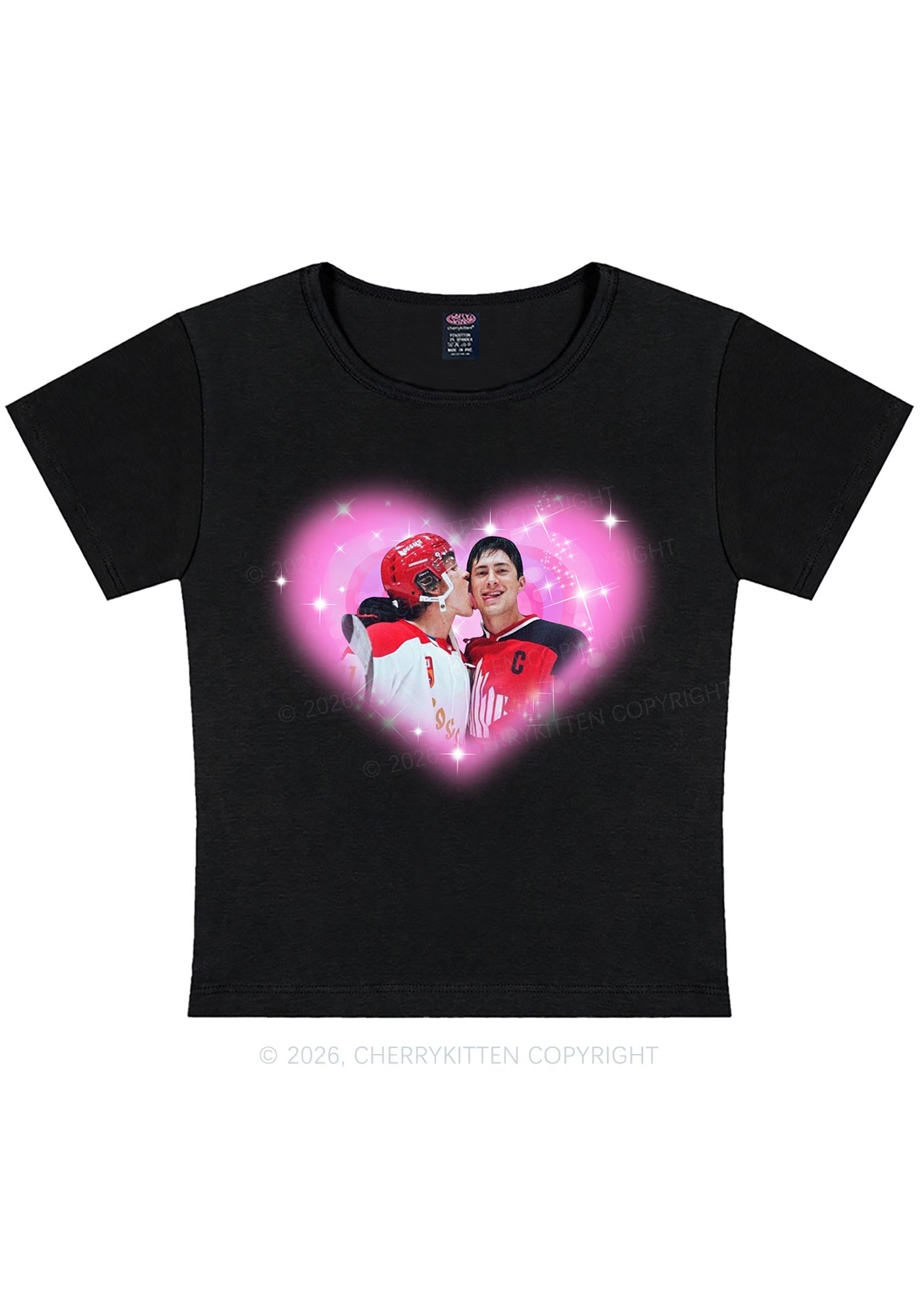 Sparkle Pink Heart Kissing Y2K Baby Tee Cherrykitten