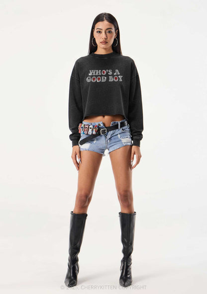 Rhinestone Whos A Good Boy Y2K Crop Washed Sweatshirts Cherrykitten