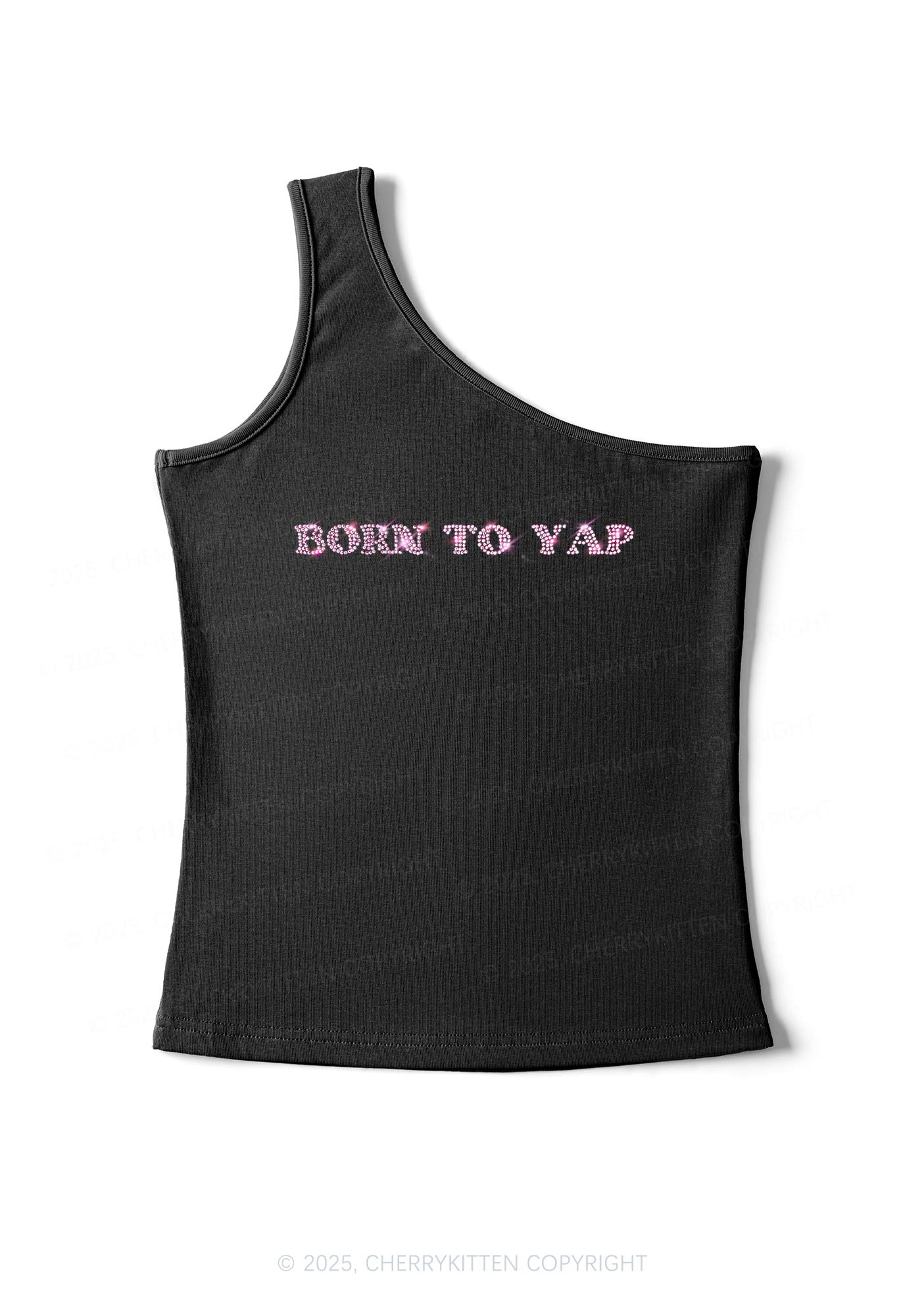 Rhinestone Born To Yap Y2K One Shoulder Tank Top Cherrykitten