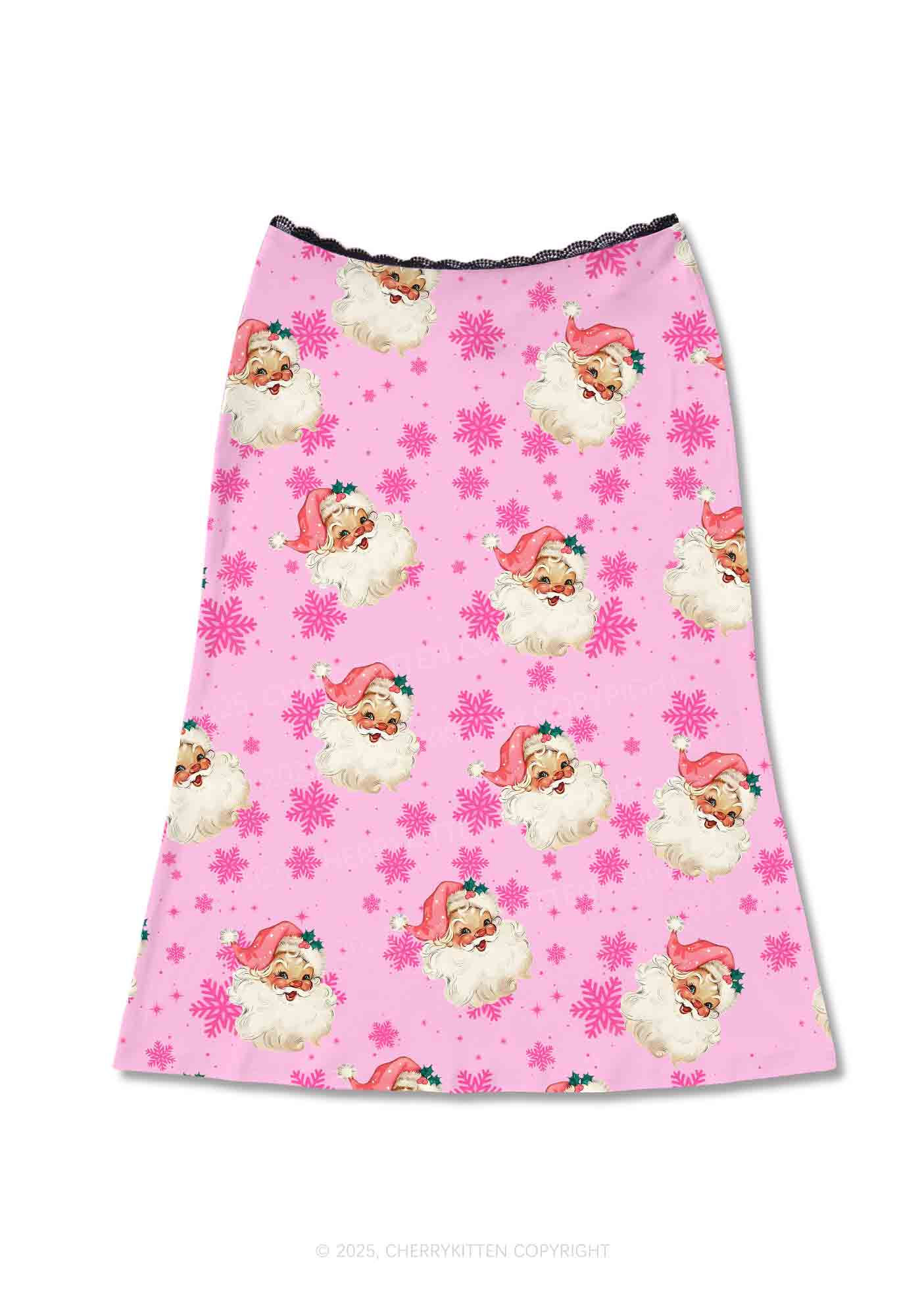 Christmas Pink Santa Y2K Print Midi Skirt Cherrykitten