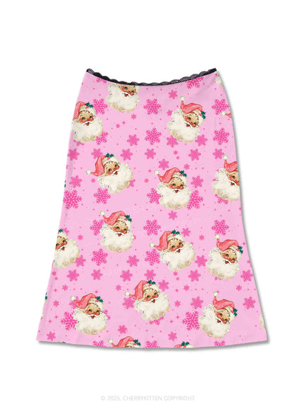 Christmas Pink Santa Y2K Print Midi Skirt Cherrykitten