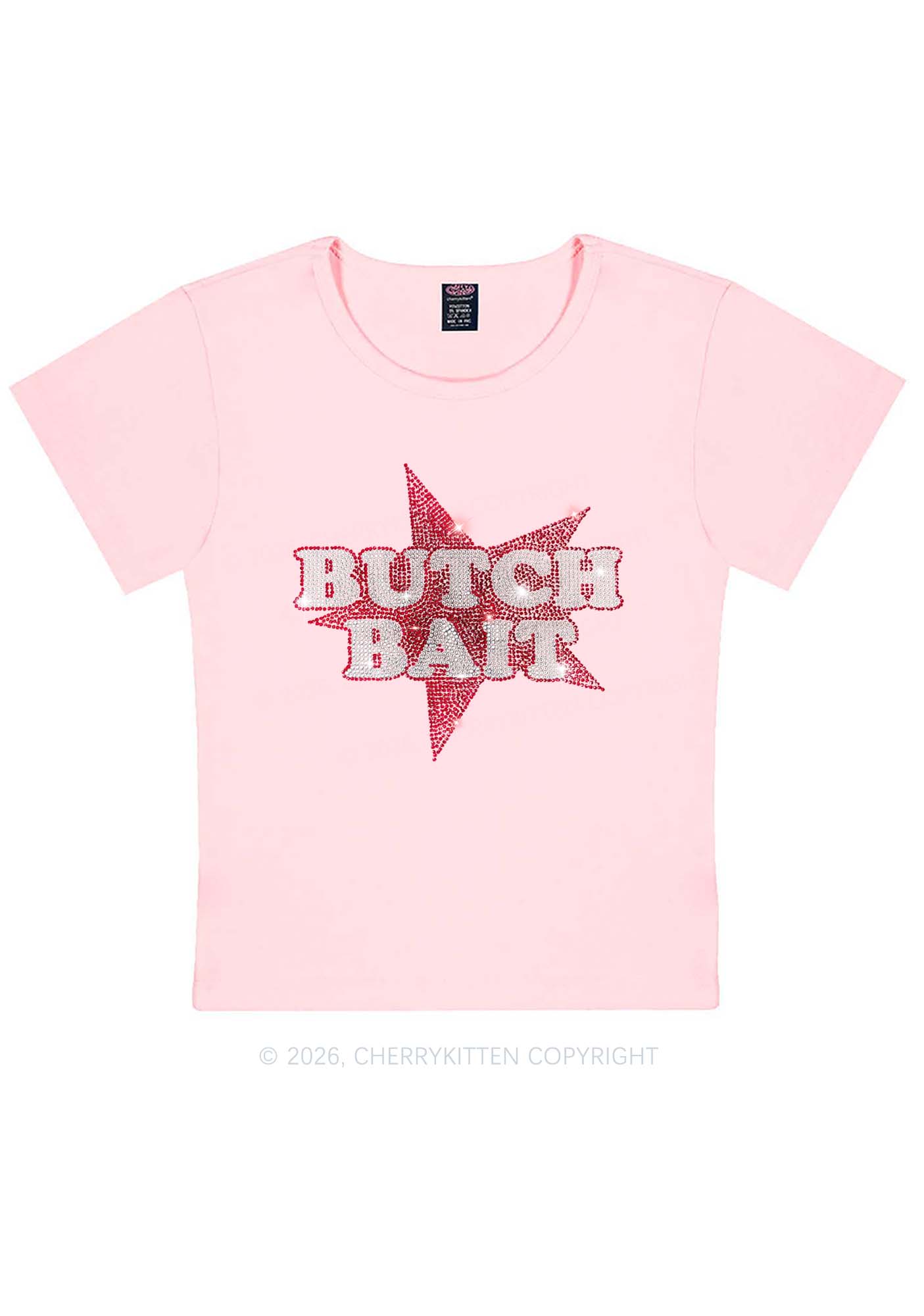 Rhinestone Butch Bait Pride Y2K Baby Tee Cherrykitten