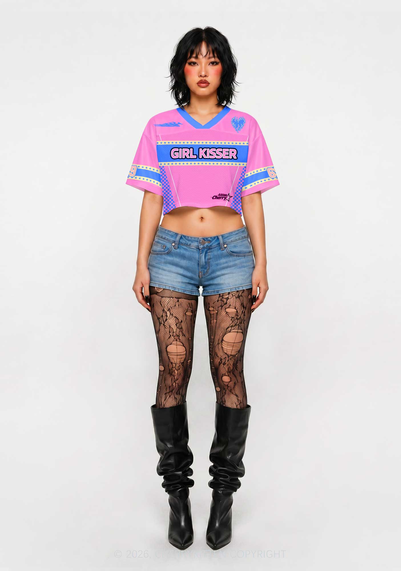 Pink Girl Kisser Pride Y2K Crop Sport Jersey Shirts Cherrykitten