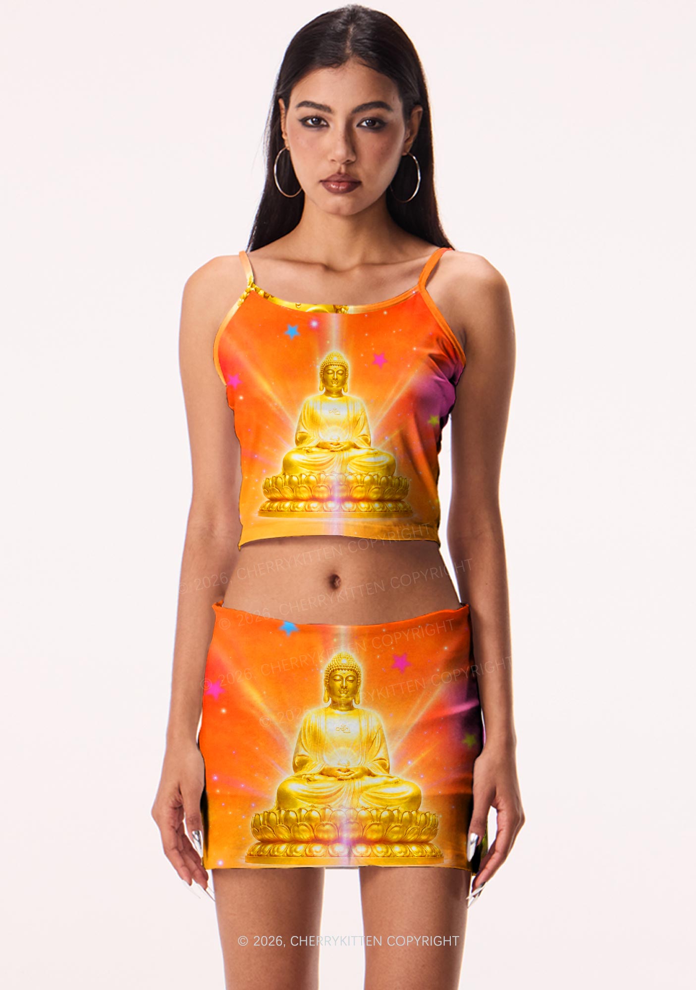Golden Buddha Y2K Print Mini Skirt Cherrykitten