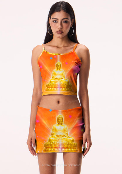Golden Buddha Y2K Print Mini Skirt Cherrykitten