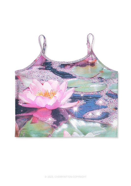 Glitter Lotus Y2K Print Cami Crop Top Cherrykitten