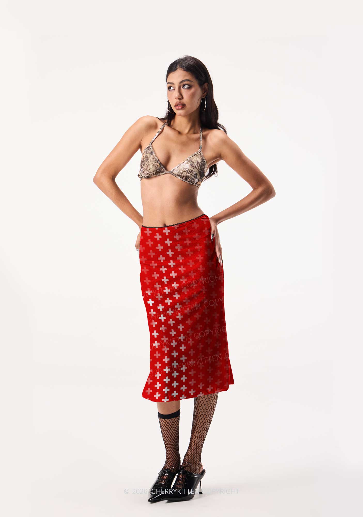 Red White Gradient Cross Y2K Print Midi Skirt Cherrykitten