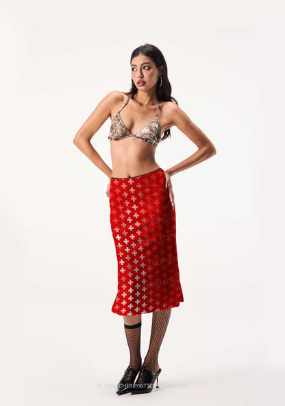 Red White Gradient Cross Y2K Print Midi Skirt Cherrykitten