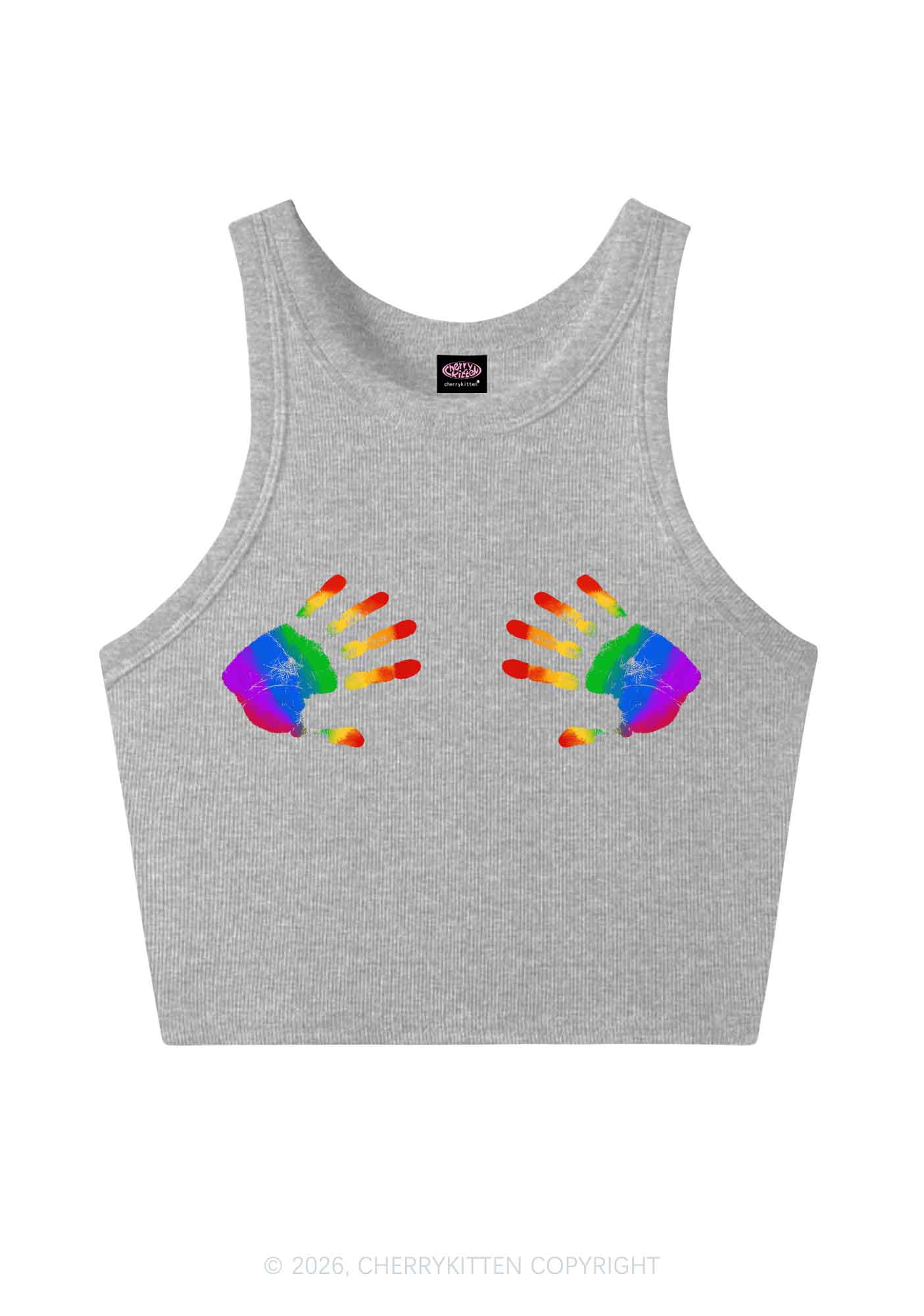Rainbow Handprint Pride Y2K Crop Tank Top Cherrykitten