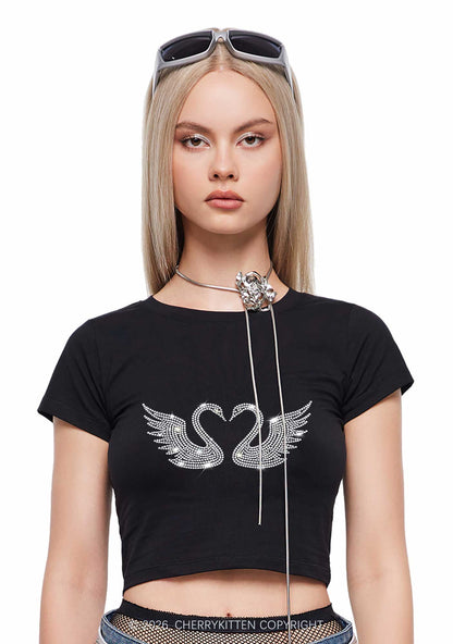 Rhinestone Swans Y2K Baby Tee Cherrykitten