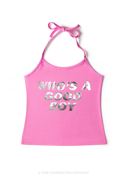 Whos A Good Boy Silver Foil Printed Y2K Halter Neck Cami Cherrykitten