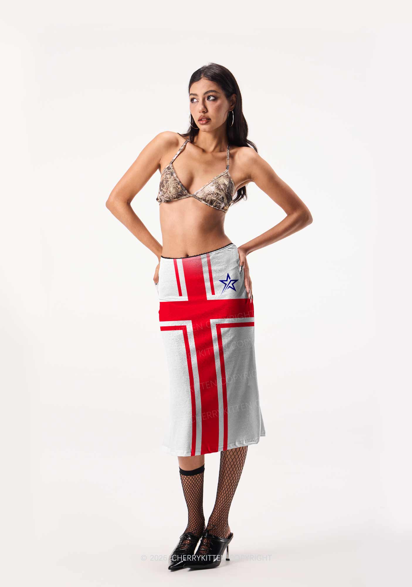 Red Cross Blue Star Y2K Print Midi Skirt Cherrykitten