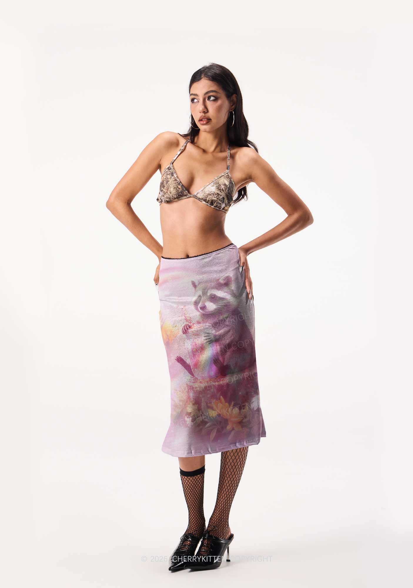 Rainbow Raccoon Pride Y2K Print Midi Skirt Cherrykitten