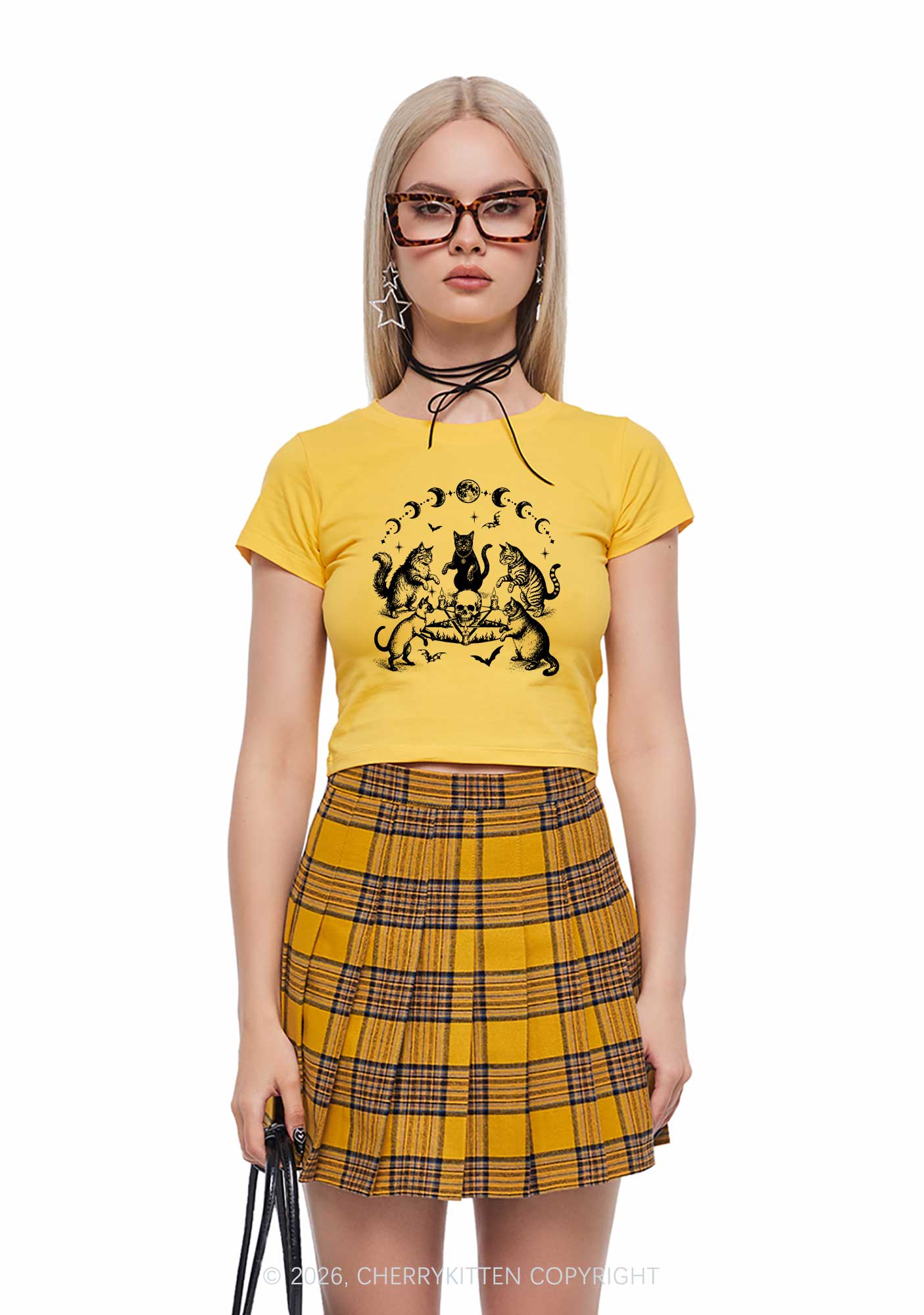 Halloween Cats Moon Phase Skull Y2K Baby Tee Cherrykitten