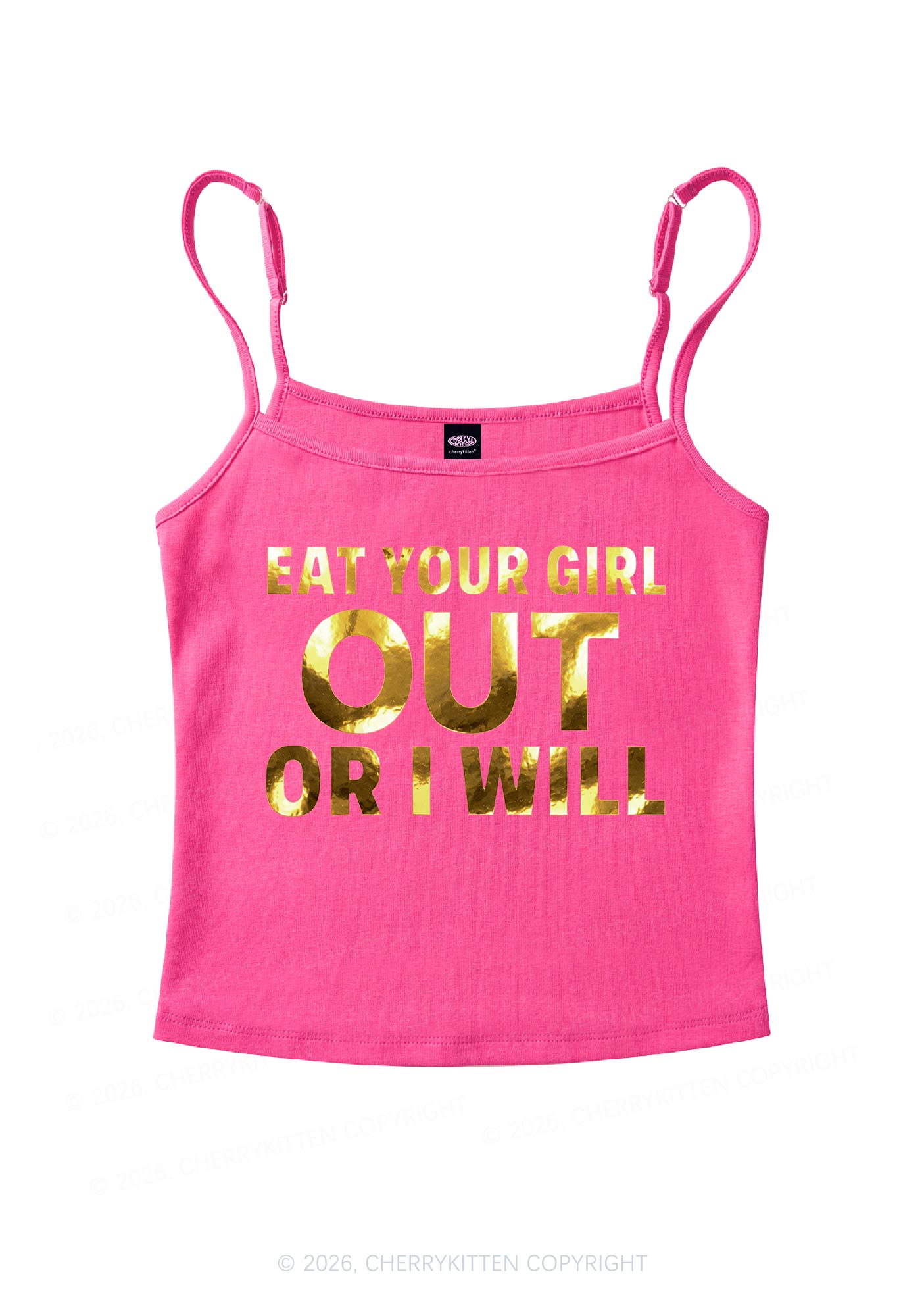 Eat Your Girl Out Silver Foil Printed Y2K Spaghetti Strap Cami Cherrykitten