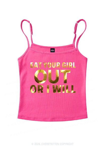Eat Your Girl Out Silver Foil Printed Y2K Spaghetti Strap Cami Cherrykitten