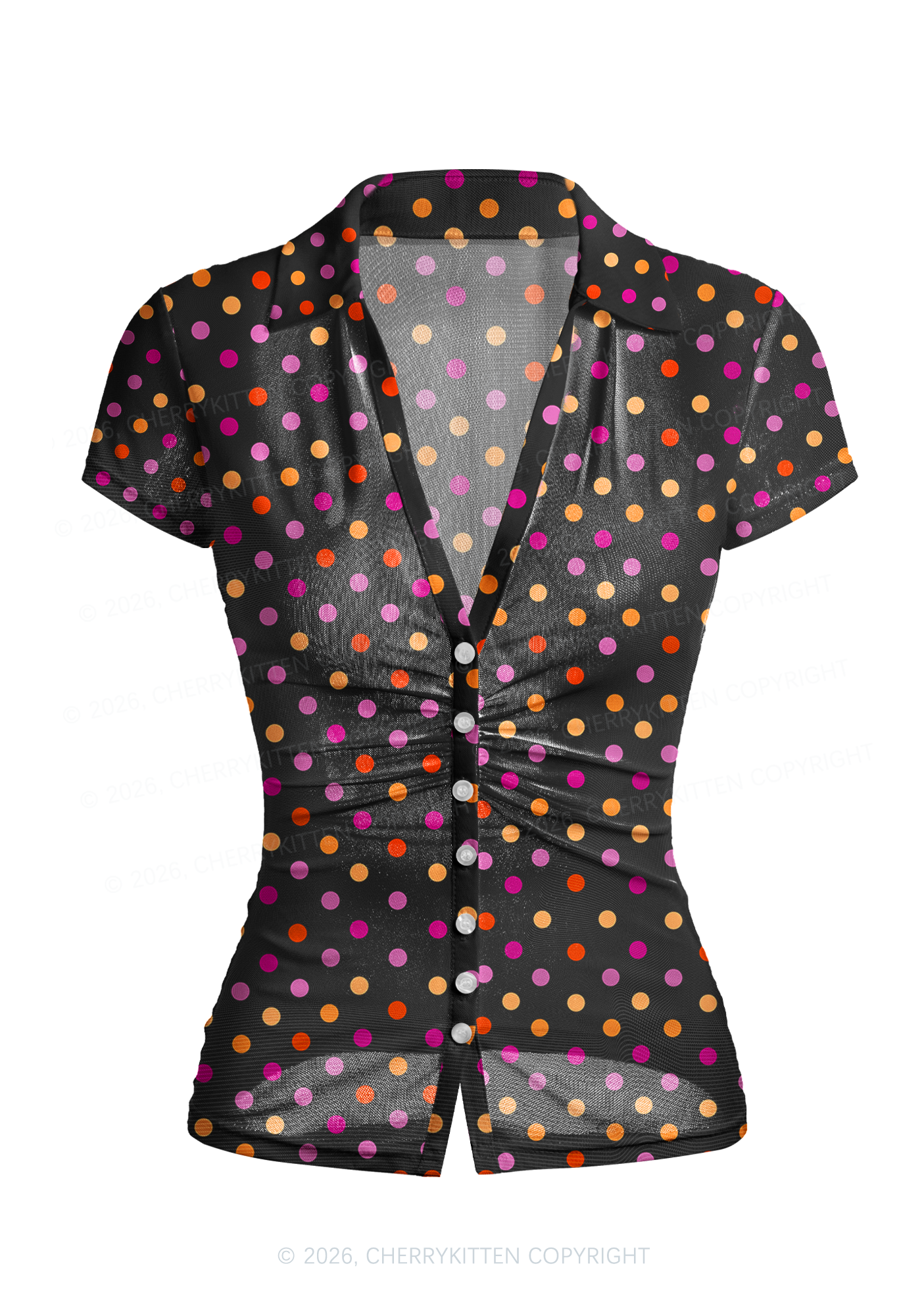 Lesbian Dots Pride Y2K Mesh Ruched Waist V Neck Top Cherrykitten
