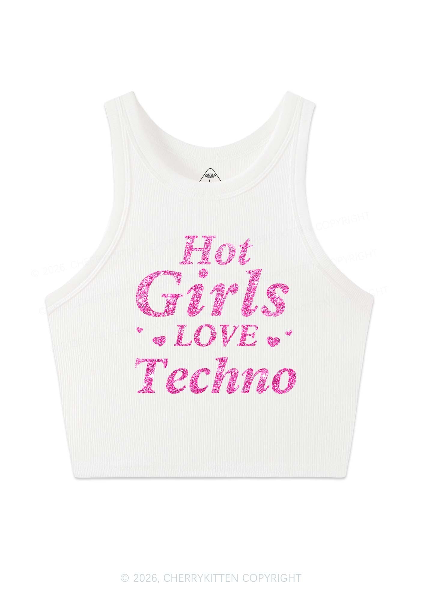 Glitter Hot Girls Love Techno Y2K Crop Tank Top Cherrykitten