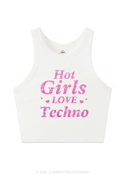 Glitter Hot Girls Love Techno Y2K Crop Tank Top Cherrykitten