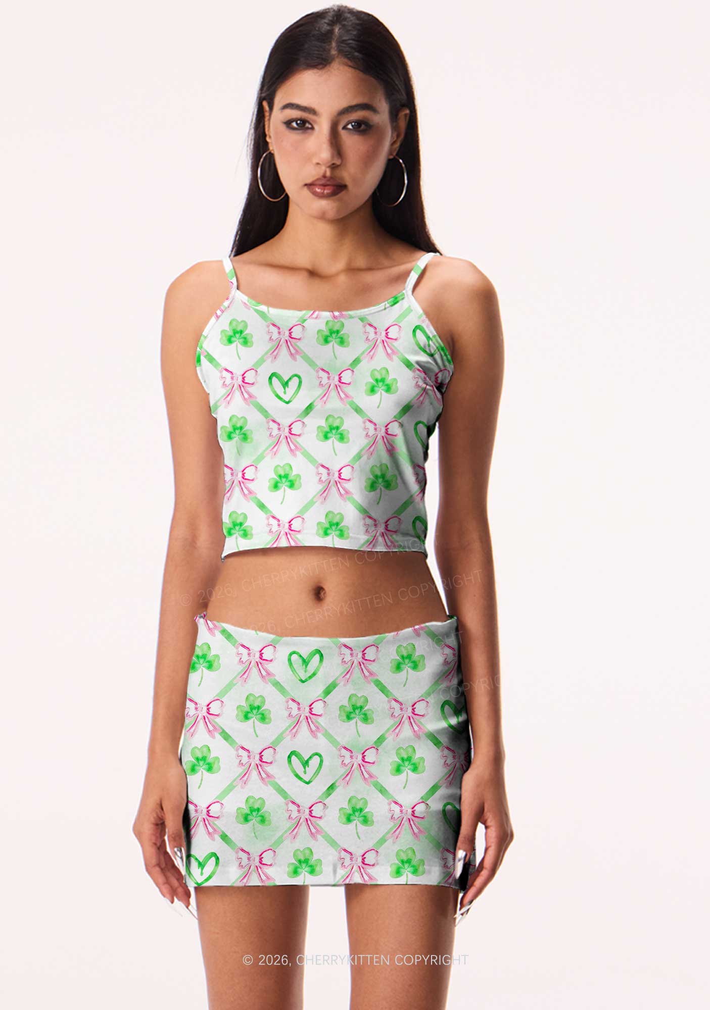 Shamrock Pink Bows St Patricks Y2K Print Mini Skirt Cherrykitten