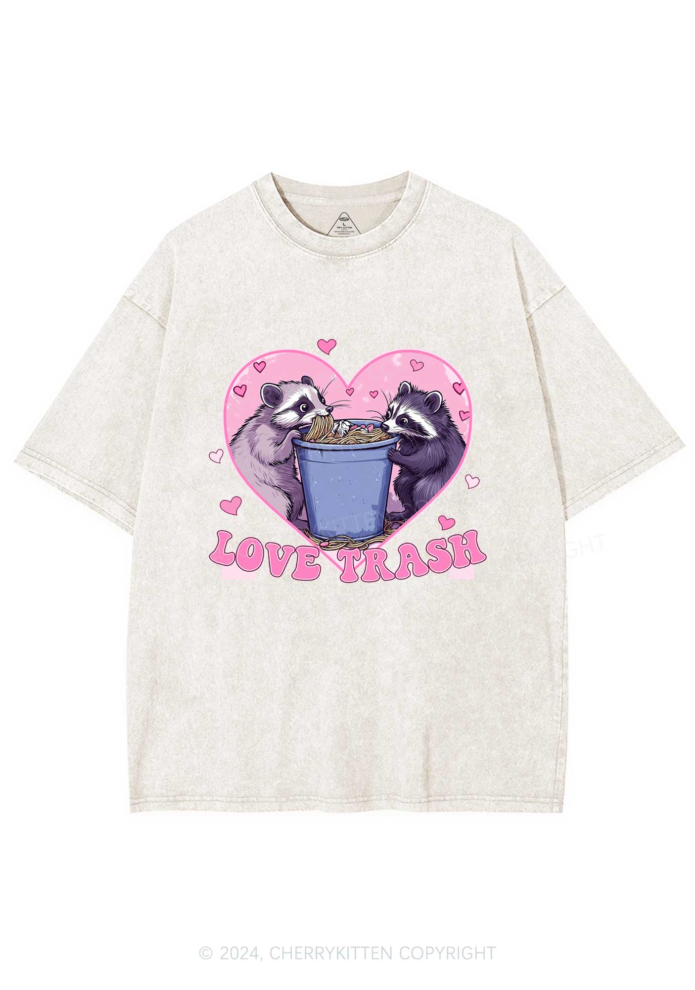 Love Trash Raccoon Y2K Valentine's Day Washed Tee Cherrykitten