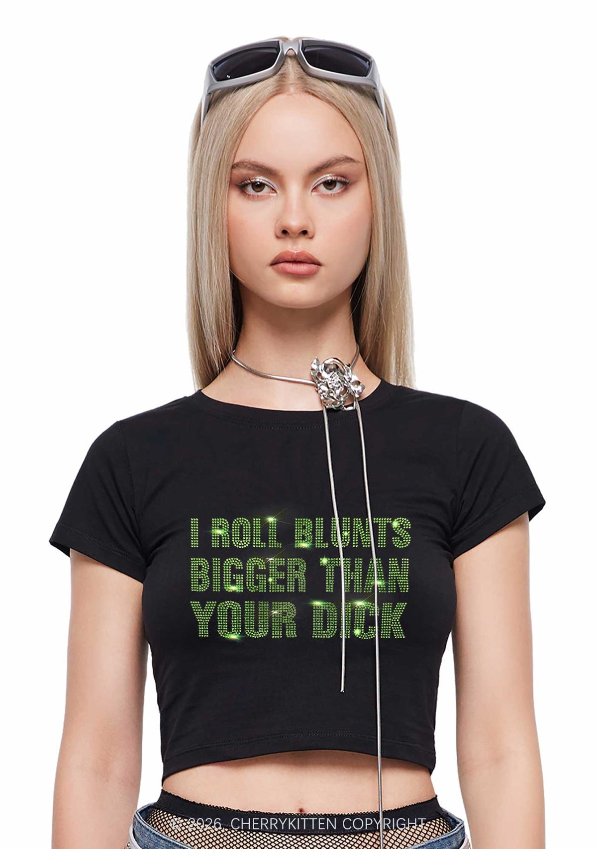 Rhinestone I Roll Blunts Y2K Baby Tee Cherrykitten