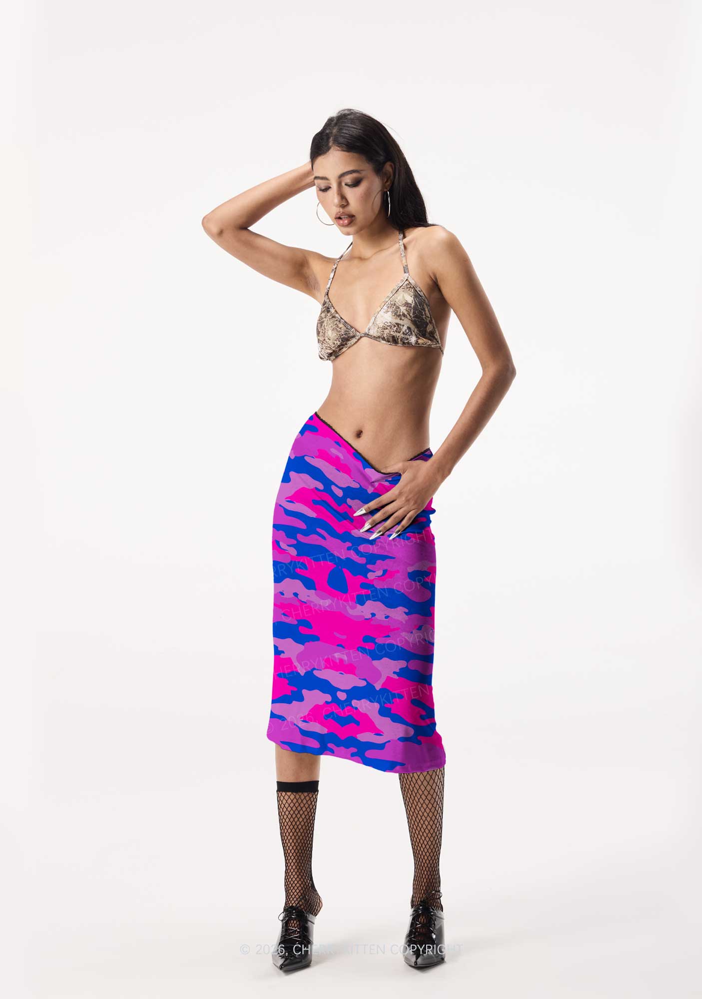 Bisexual Camouflage Pride Y2K Print Midi Skirt Cherrykitten