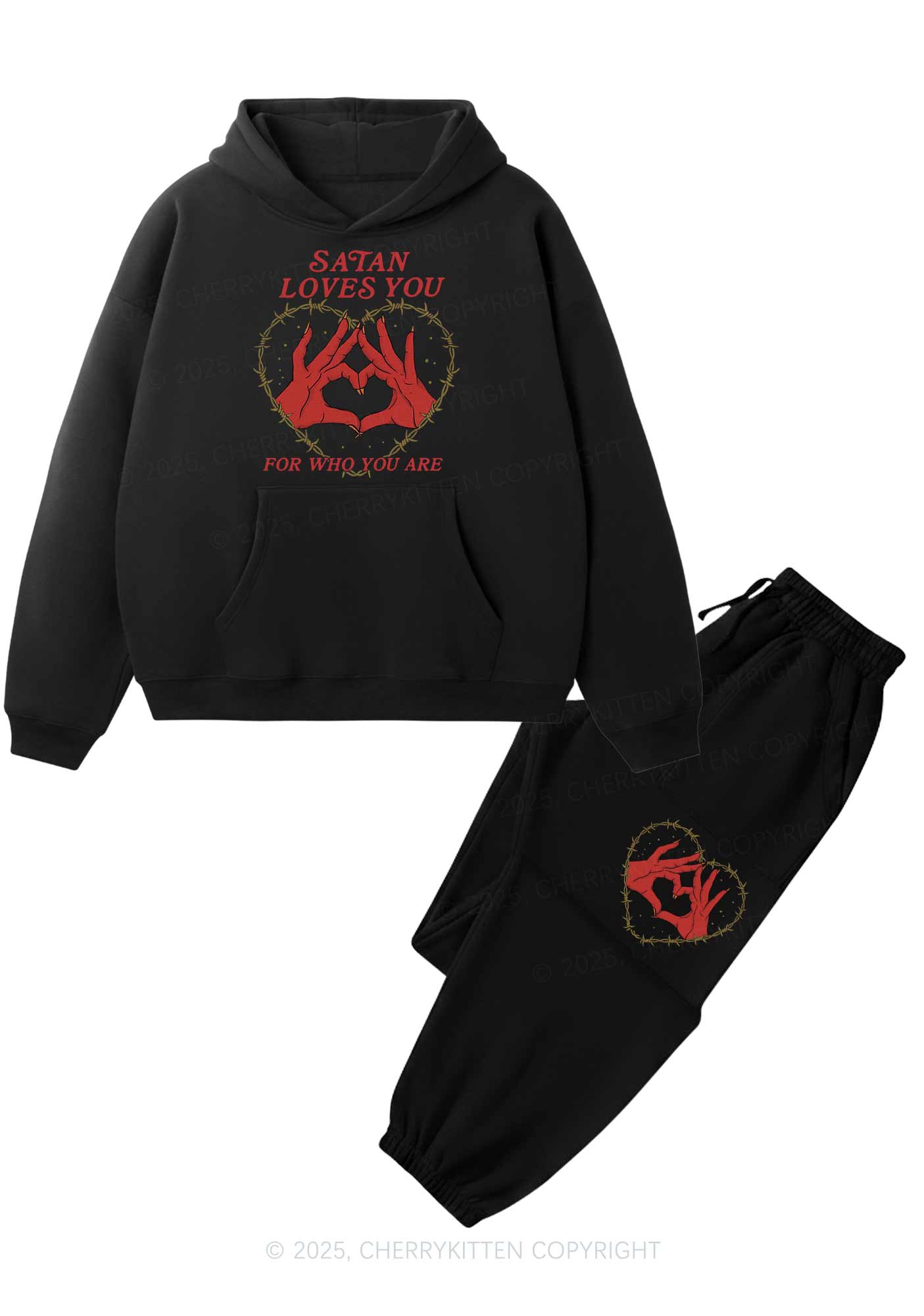 Halloween Satan Loves You Heart Y2K Fleece Hoodie Set Cherrykitten