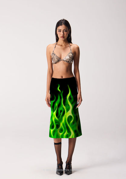 Neon Green Flame Y2K Print Midi Skirt Cherrykitten
