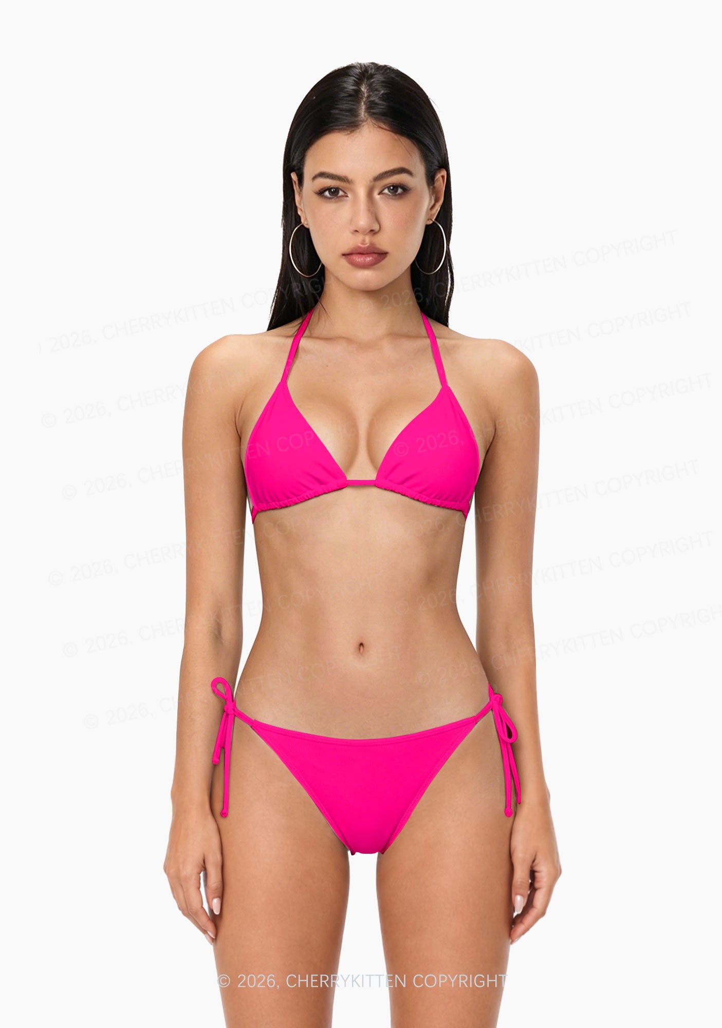 Hot Pink Plain Y2K Print Bikini Set Cherrykitten