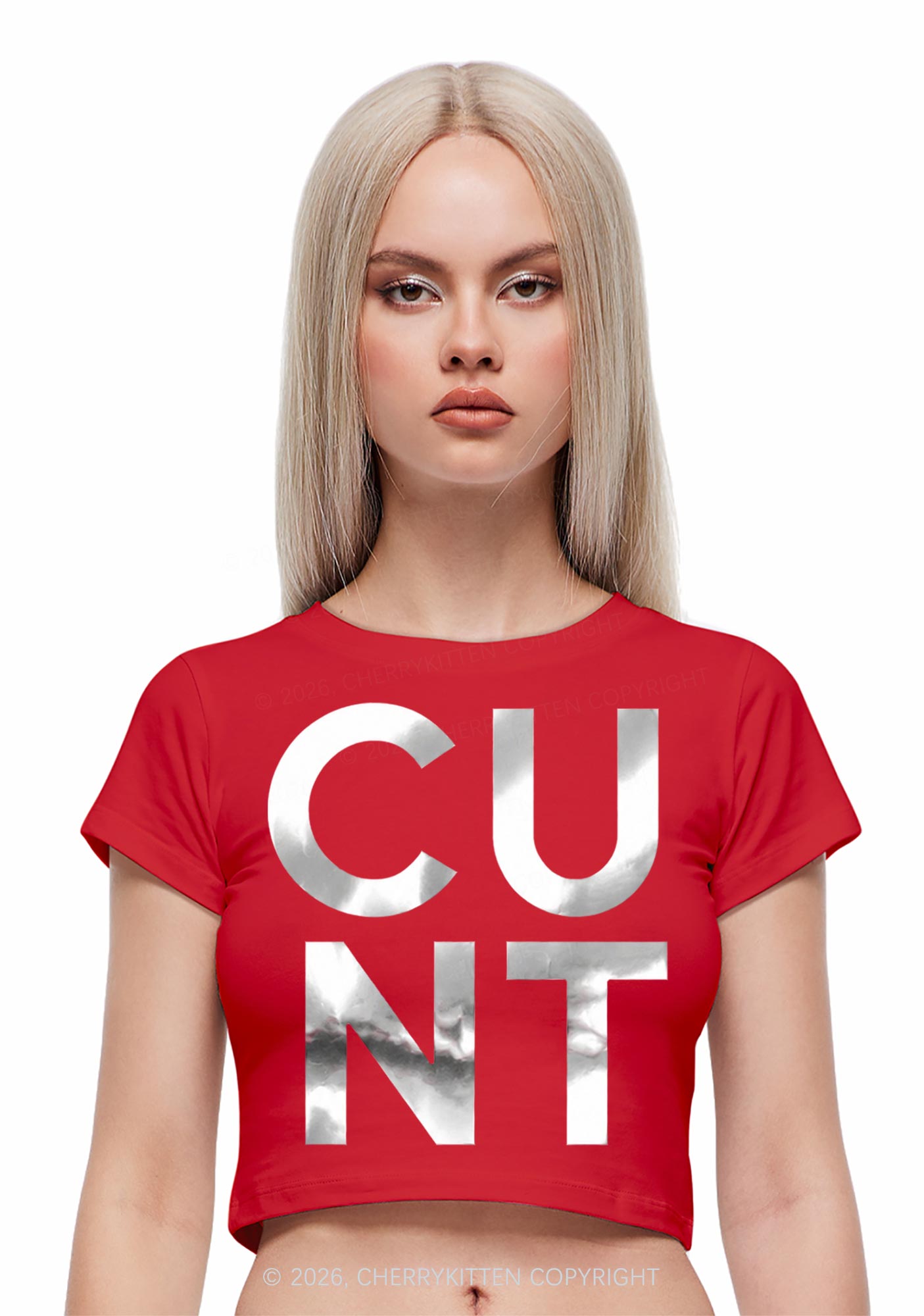 Cxxt Silver Foil Printed Y2K Baby Tee Cherrykitten