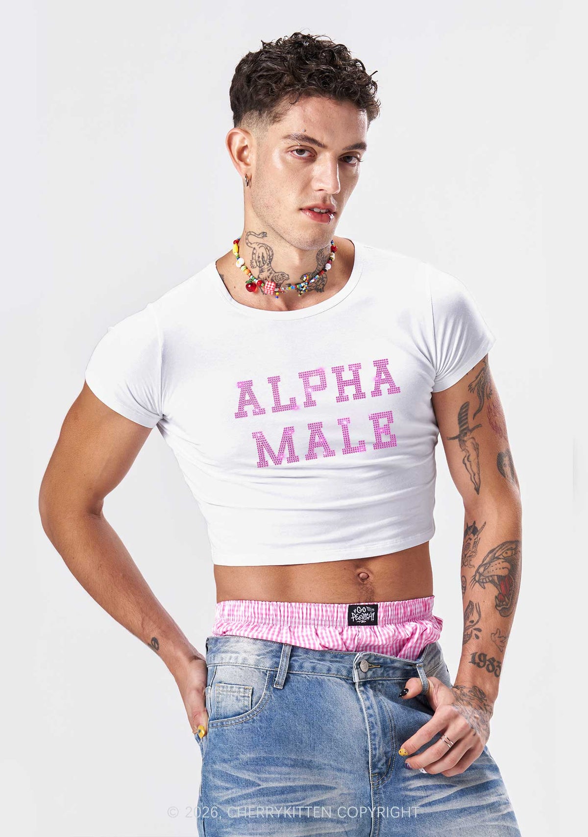 Rhinestone Pink Alpha Male Y2K Baby Tee Cherrykitten