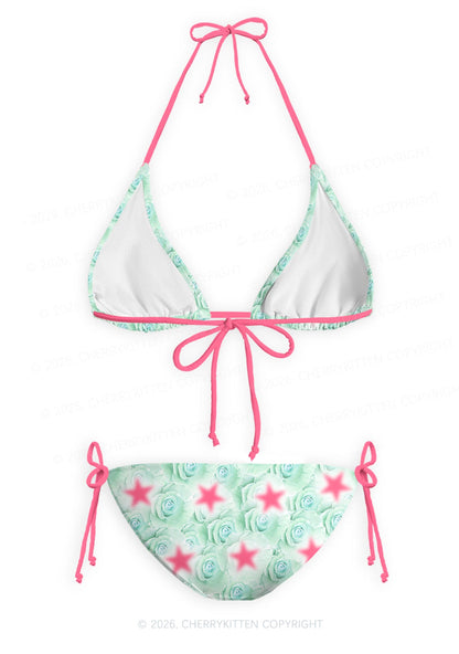Mint Green Rose Pink Star Y2K Print Bikini Set Cherrykitten