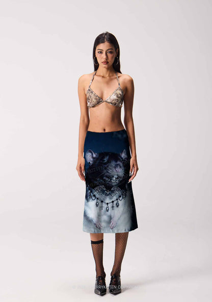 Gothic Jewelry Rat Y2K Print Midi Skirt Cherrykitten